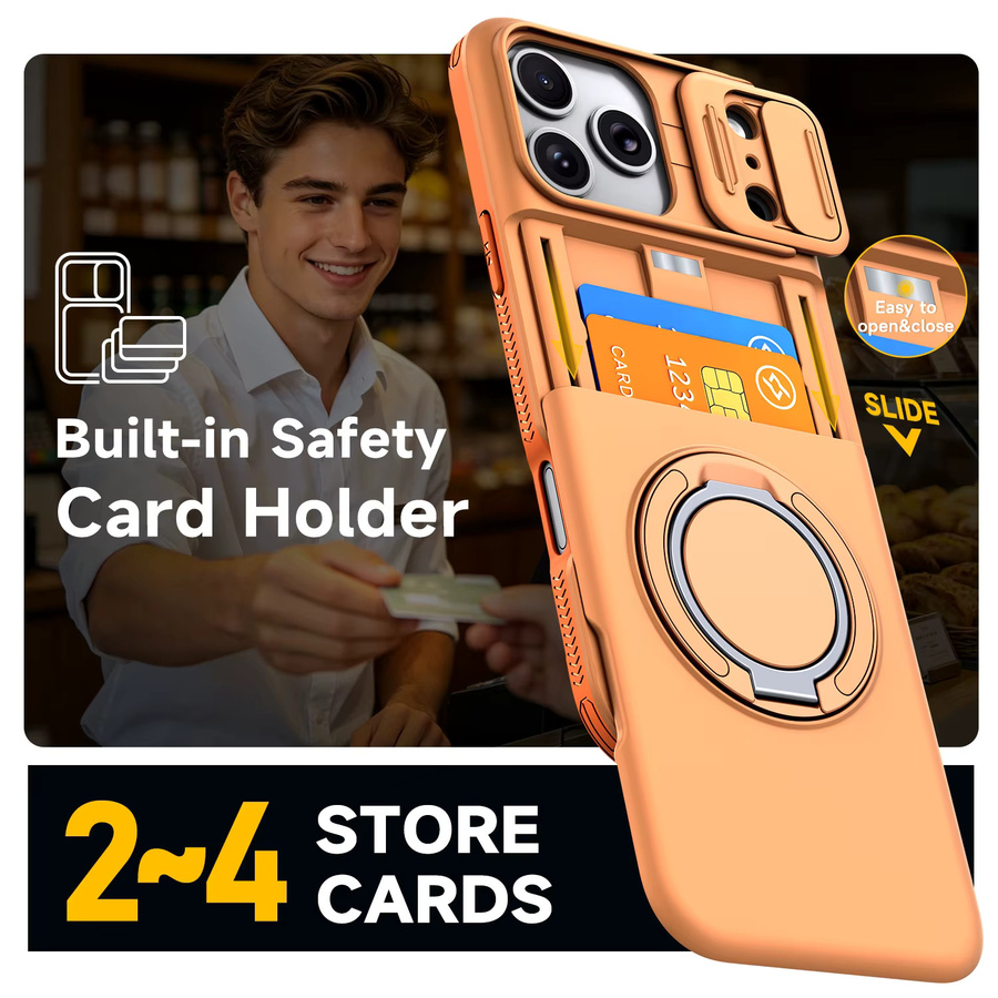 MAYLDUU Schutzhülle für iPhone 17, 16, 15, 14, 13, 12 Pro Max Plus mit Kameraabdeckung, magnetischem Ringhalter und Kartenfach in Grau und Orange - Bild 5