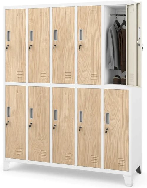 DELUKE Umkleideschrank Spind mit 10 Abteilen aus Metall in Weiß und Eiche, H: 172 cm, B: 136 cm, T: 45 cm - Bild 1