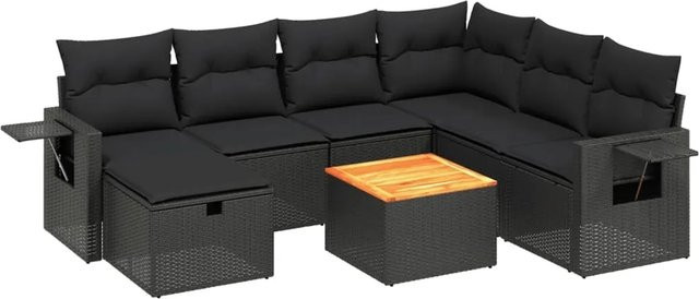 vidaXL 8-tlg Garten-Sofagarnitur aus Poly-Rattan und Akazienholz in Schwarz mit Kissen - Bild 1