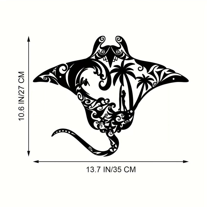 CIFBUY Wandkunst aus Metall Manta Ray Stranddekor in Schwarz mit Surfbrett, Wellen, Seestern und Palmen Silhouette - Bild 3