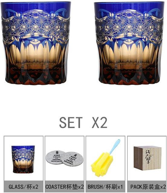 Chamvin Japanisches Edo Kiriko Stellar Pulse Whiskeyglas in Blau, handgeschnitztes Tumbler-Glas mit geometrischem Muster - Bild 1