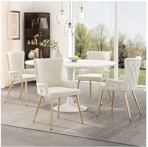 4er-Set Esszimmerstühle MUVOE in Beige aus Samt mit goldenen Metallfüßen im modernen Design - Bild 1