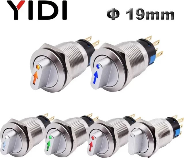 YIDI Metall-Drehschalter mit Verriegelung, 2-3 Positionen, SPDT Drucktastenschalter mit 12V LED-Beleuchtung, 1NO1NC EIN AUS, Silber - Bild 1