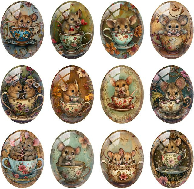 Fezrgea Glas-Cabochon, Retro Blumen Teetassen-Ratten-Maus, Oval, Unisex - Bild 1