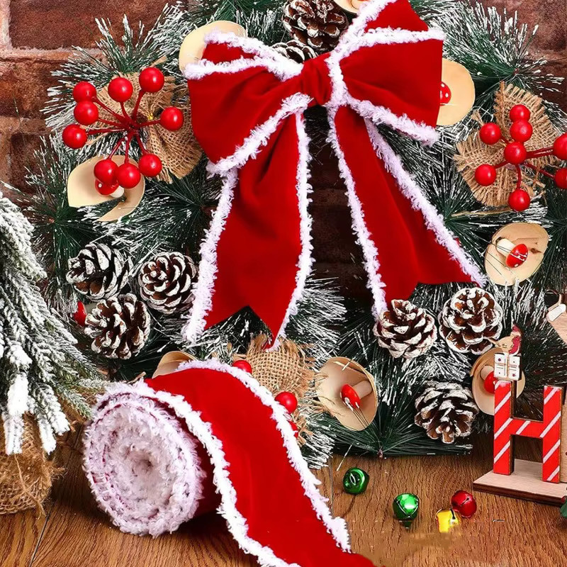Rotes Samtband mit Schneeflocken-Plüsch für Weihnachtsdekoration und Geschenkverpackungen - Bild 4