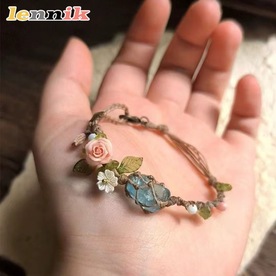 LENNIK Paar-Armband, Rosen-Aquamarin-Rohstein, Makramé-Netzschnur, Unisex - Bild 4