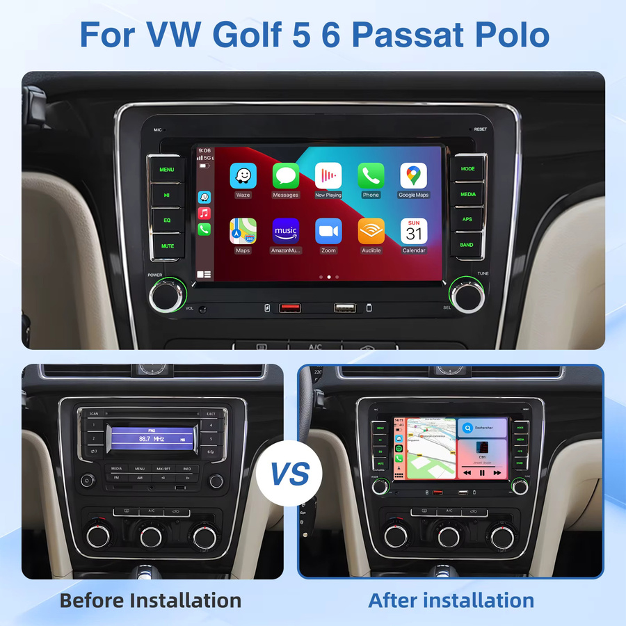 Mopect 7-Zoll Kabelloses CarPlay Autoradio mit GPS, Bluetooth 5.0, RDS und FM in Schwarz für VW Golf, Passat, Polo, Touran, Tiguan, Caddy, EOS, Jetta, Seat und Skoda - Bild 2