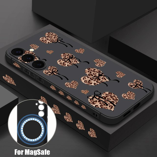 MagSafe kompatible Handyhülle für Samsung Galaxy S25 S24 S23 S22 Serie mit Leopardenmuster, Herz und Schleife in Multicolour und Schwarz - Bild 1