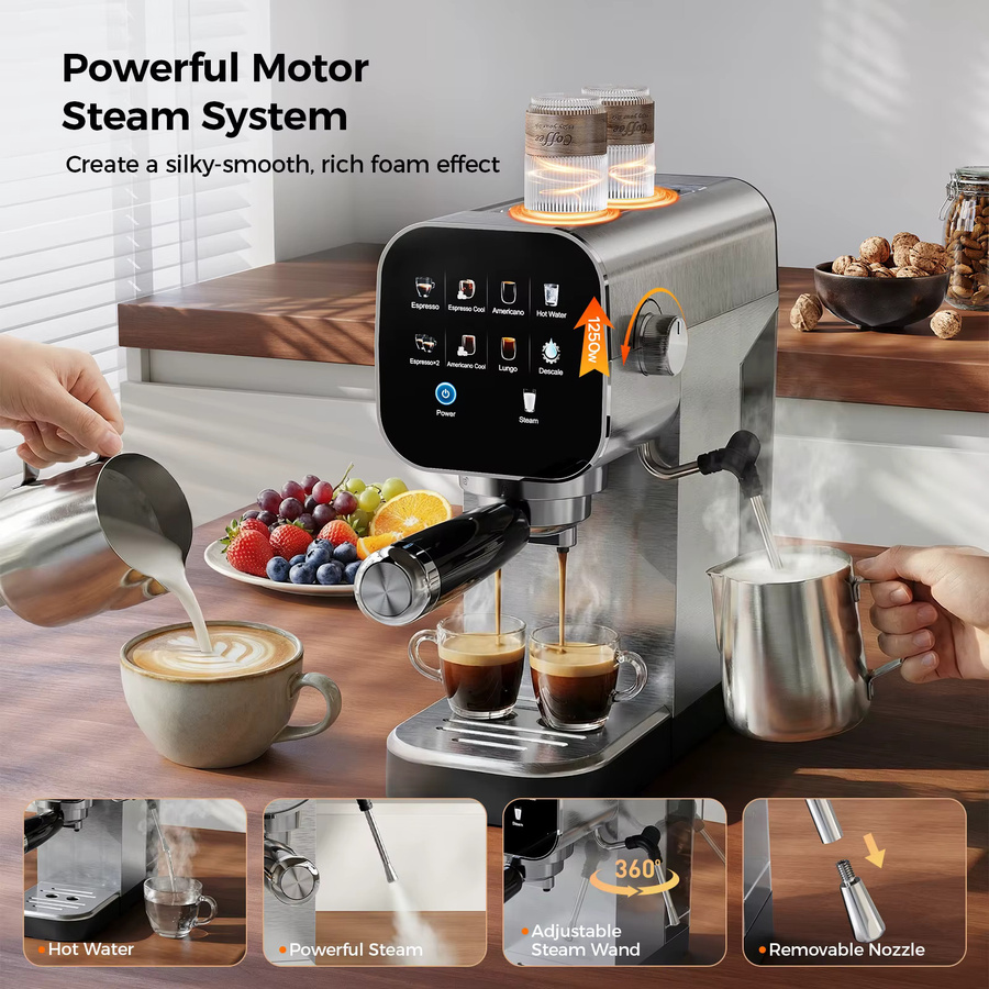 Patbrela Halbautomatische Espresso-Kaffeemaschine mit 20 Bar, Doppelwassersystem und Cold Brew Funktion, Silber/Edelstahl - Bild 5
