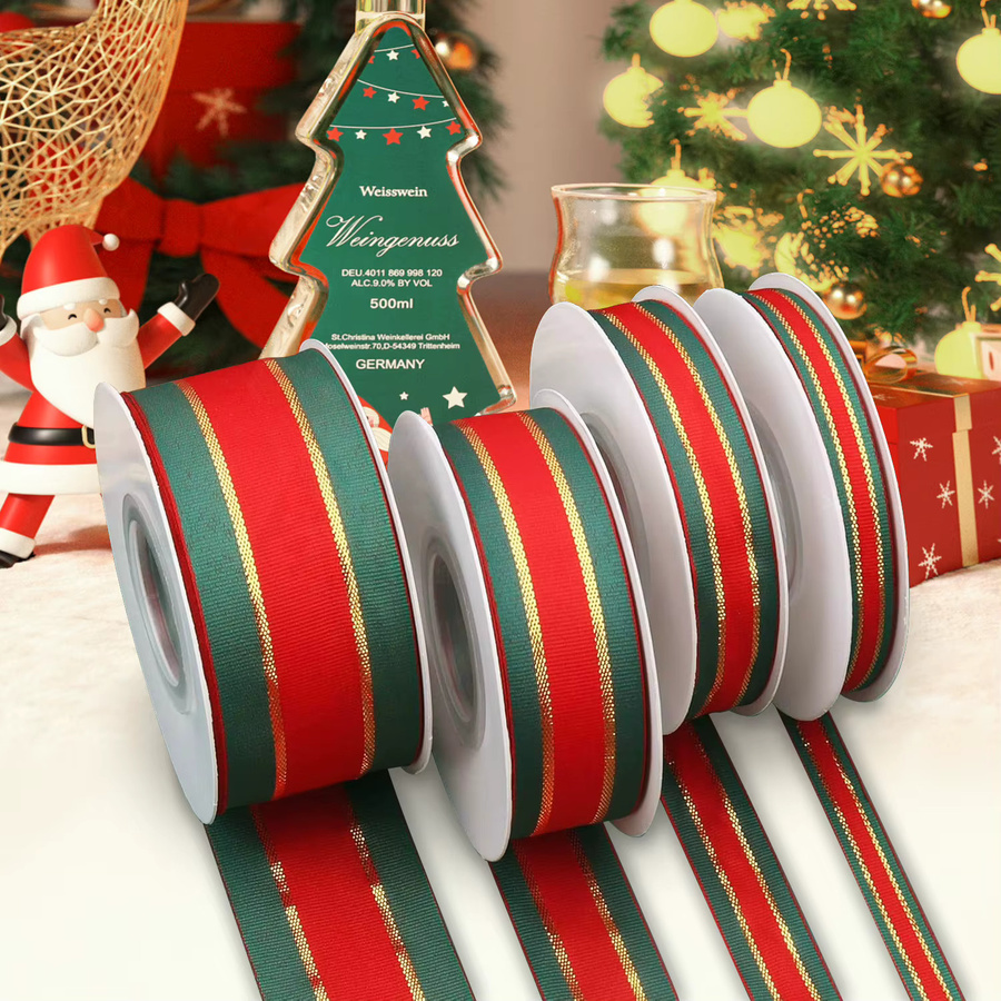 Dekoratives Textil-Geschenkband für Weihnachten in Rot und Grün gestreift - Bild 2