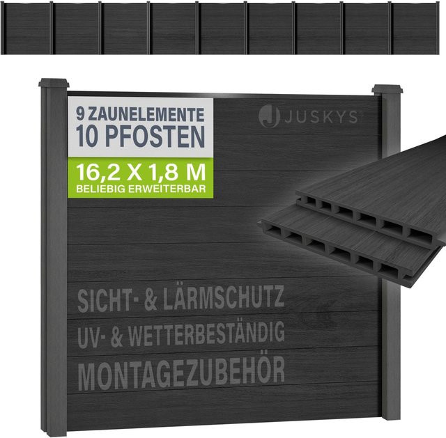 JUSKYS WPC Sichtschutzzaun 9er Set mit 9 Elementen und 10 Pfosten inklusive Zubehör in Anthrazit/Grau - Bild 1
