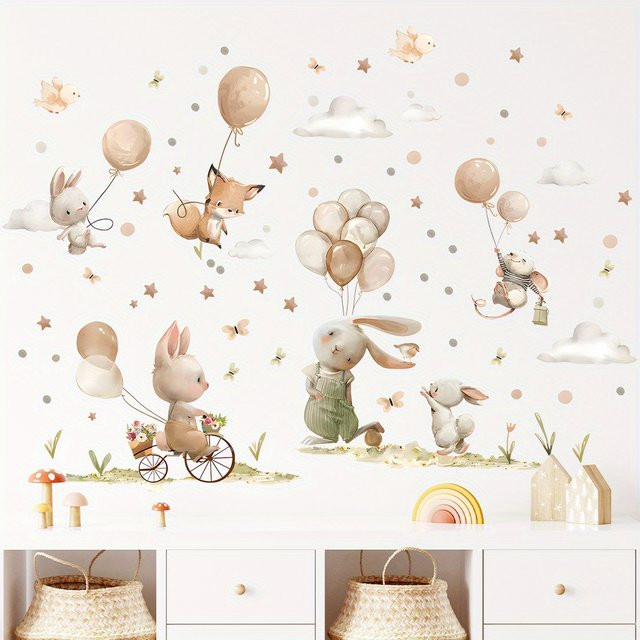 BRUP 2er Set Cartoon Kaninchen und Fuchs Ballon Wandaufkleber in Mehrfarbig für Kinderzimmer und Schlafzimmer - Bild 1