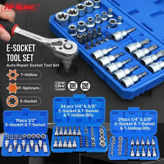 Hi-Spec Torx-Stern-Steckdosen- und Bit-Set mit Sechskant-Bits und E-Sicherheits-Bits, 19/29/34-teilig - Bild 1