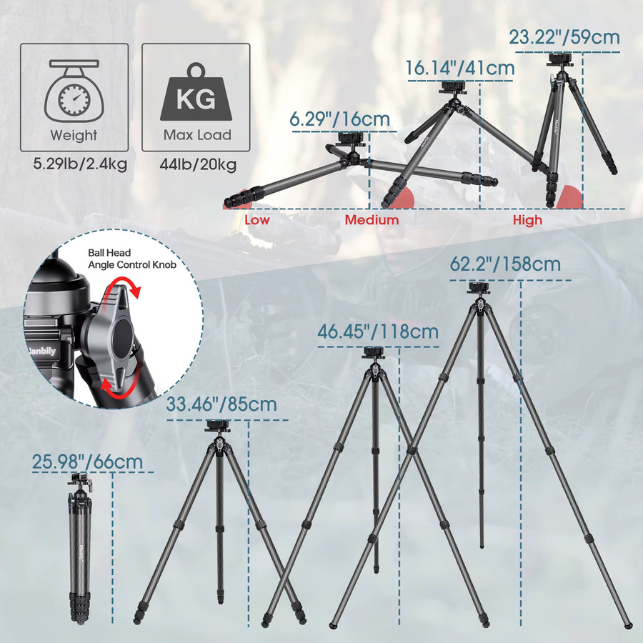 Manbily TS-364U3 Professionelles 4-teiliges Kohlefaser-Jagdstativ mit Sattelhalterung in Schwarz, maximale Belastbarkeit 20 kg - Bild 4