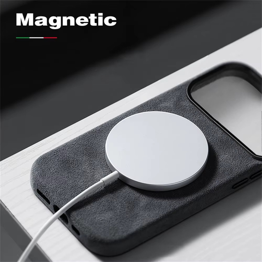 Premium MagSafe Magnetisches Ladeetui für iPhone 12 13 14 15 16 Pro Max Air aus Wildleder mit Metallknöpfen in Schwarz - Bild 2