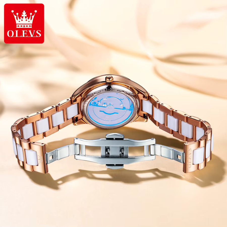 OLEVS Armbanduhr Automatik, Edelstahl, Roségold, Diamantbesetzt, Damen - Bild 2