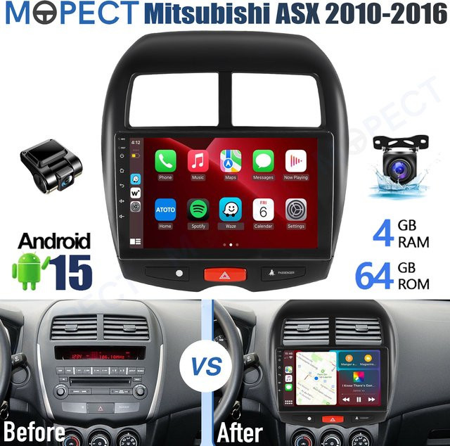 MOPECT 10-Zoll Autoradio für Mitsubishi ASX 2010-2016 mit 4+64GB, kabelloses CarPlay, GPS-Navigation, Bluetooth, DVR und Kamera, Schwarz - Bild 1