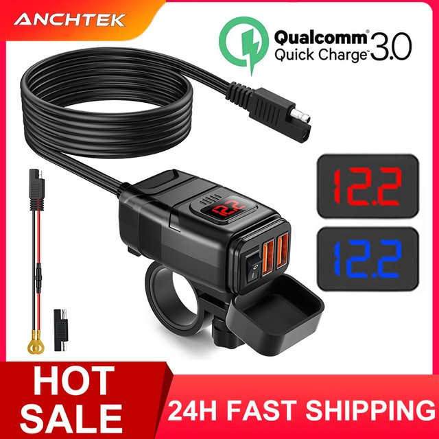 Anchtek Motorrad USB Ladegerät QC3.0 mit Voltmeter und USB-C Anschluss, Wasserdichte 12V Steckdose Adapter in Schwarz - Bild 1