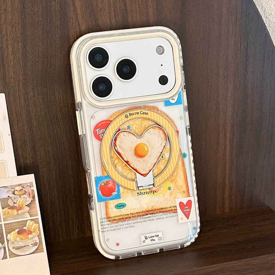 Magnetische Handyhülle für iPhone 12 bis 17 Pro Max mit Koreanischem Toast-Muster, Spiegelei und Liebesherz-Halterung, stoßfeste Abdeckung, Multicolour - Bild 5