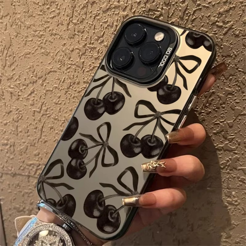 Stoßfeste Handyhülle Black Cherry Bow mit Galvanisierung in Silber für iPhone 16 15 14 13 12 11 Pro Max XS X XR 7 8 Plus mit IMD Laser-Technologie - Bild 2