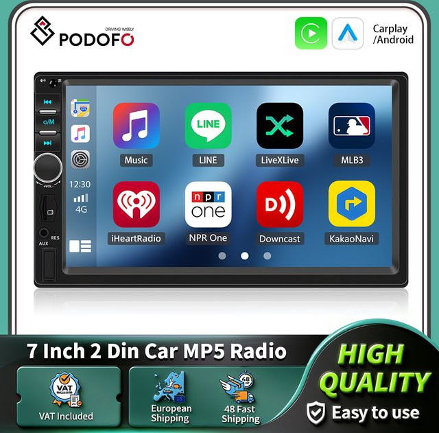 Podofo 2-DIN Autoradio mit 7 Zoll Display, kabelloses CarPlay, Android Auto, Bluetooth und Mirror Link in Schwarz - Bild 1