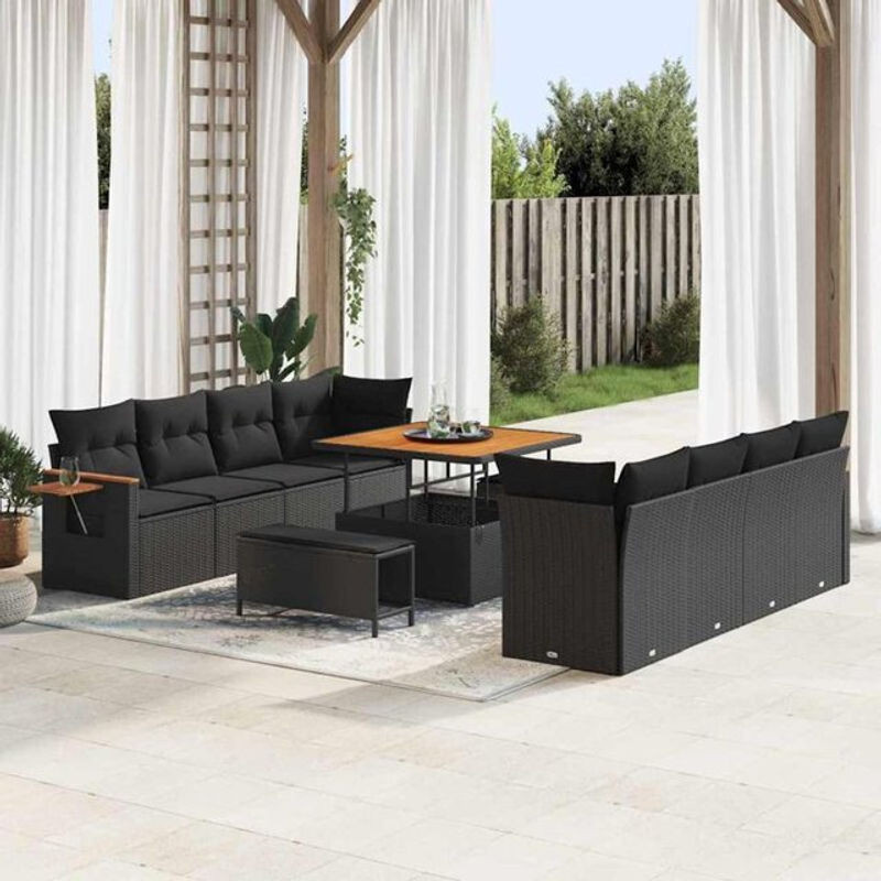 Vidaxl Garten-Sofa-Set mit 11-teiligen Kissen in Schwarz, modernes modulares Rattan-Set mit Metallgestell, B/T/H: 100 x 100 x 71 cm - Bild 1