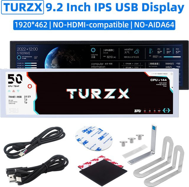 TURZX 9,2 Zoll IPS USB-Bildschirm mit 1920 x 462 LCD für PC Wettermonitor und Systemüberwachung in Schwarz - Bild 1