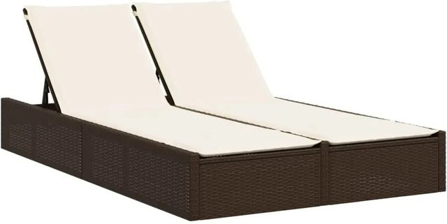 vidaXL Doppel-Sonnenliege aus Polyrattan in Braun mit verstellbarer Kopfstütze und Auflagen, B/T/H: 123 x 200 x 28/46/61/72 cm - Bild 1