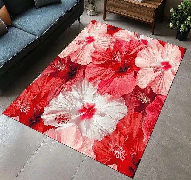 Moderner Outdoor-Teppich mit tropischem Hibiskus-Blumenmuster in Rot-Orange und Grün für Garten, Balkon oder Terrasse - Bild 1