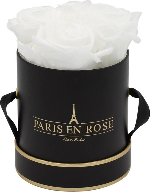 PARIS EN ROSE Rosenbox Schwarz-Gold mit 4 weißen Rosen, Durchmesser: 10 cm - Bild 1