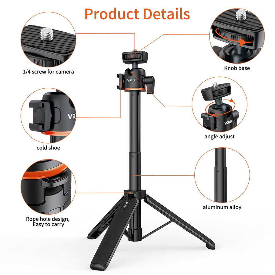 VRIG Stativständer Selfie Stick TP-08 TP-06 aus Aluminiumlegierung in Schwarz mit 1/4 Zoll Schraube, Kaltschuhhalterung und 360 Grad Drehung, Tragfähigkeit 1,5 kg - Bild 2