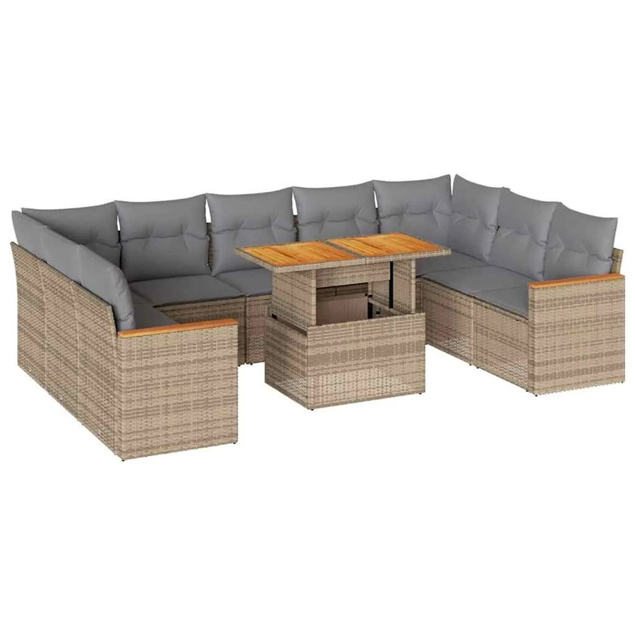 vidaXL 10-tlg. Garten-Sofagarnitur in U-Form aus Polyrattan und Akazienholz mit Kissen in Beige-Grau - Bild 2