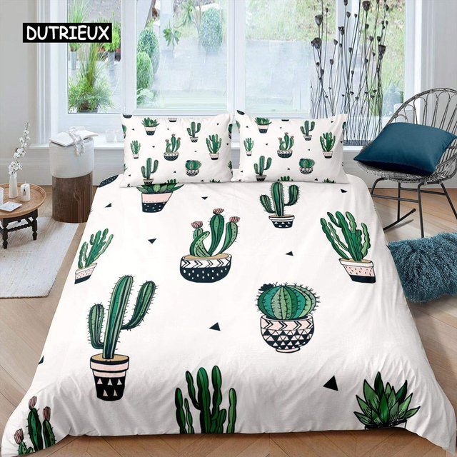 Bettwäsche-Set Kaktus-Design von Binchi Outdoor Product in Grün und Weiß, King Size mit Kaltruck-Naturmotiven, Material Mikrofaser-Polyester, B/H: 245 x 210 cm - Bild 1