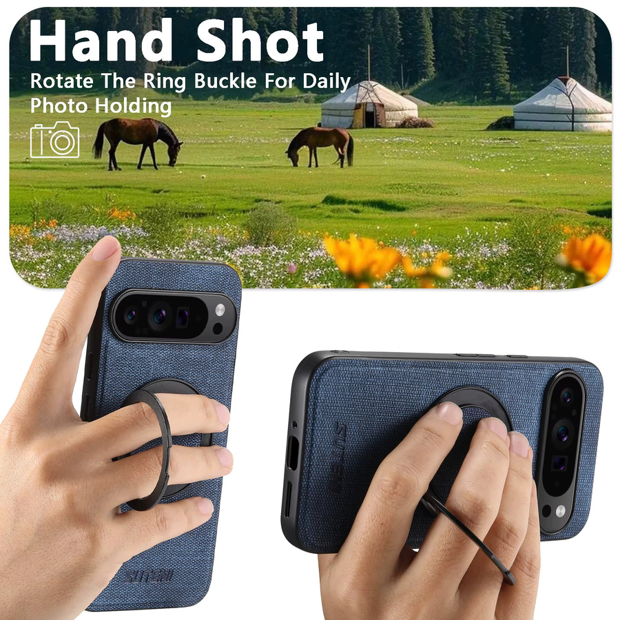 Suteni Kunstleder Handyhülle mit magnetischem kabellosem Laden, 360 Grad drehbarem Ständer und Ringschnalle in Blau für Google Pixel 10 ProXL, 9, 8A, 7 und 6 - Bild 4
