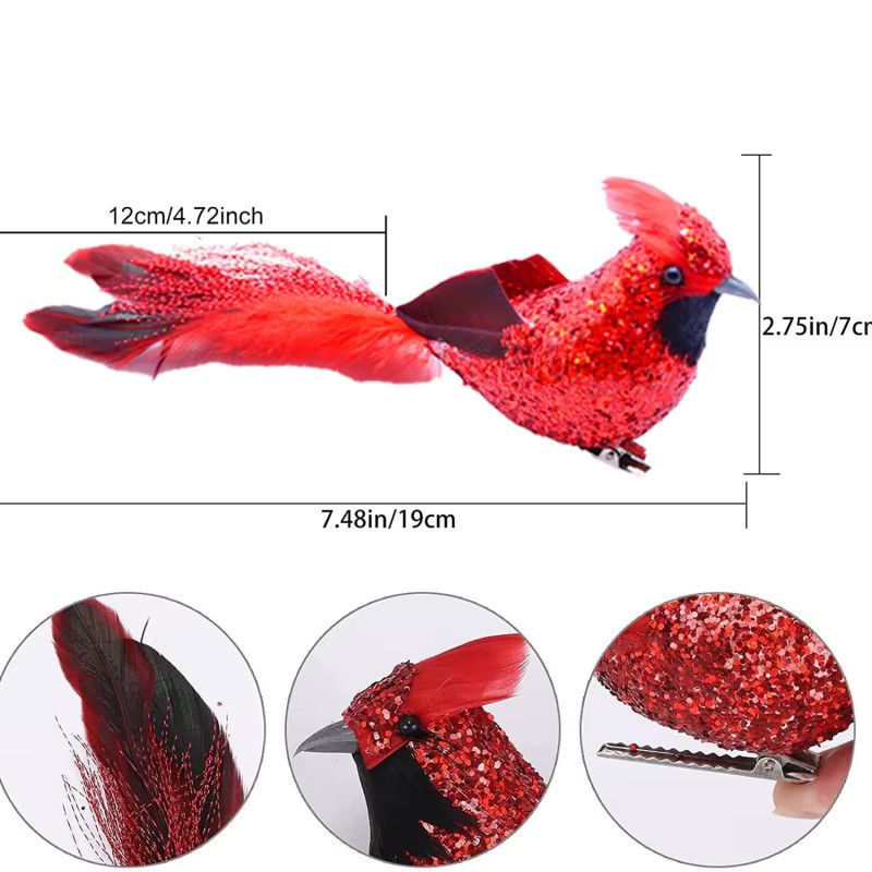 LUSQI 6er Set rote Feder-Vögel mit Pailletten als wasserdichte Weihnachtsbaum-Dekoration für Garten und Terrasse - Bild 6