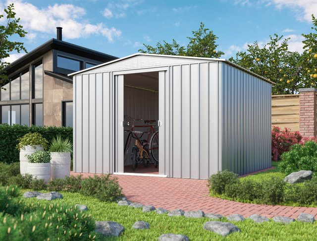Globel Gerätehaus Dream aus Stahlblech mit Satteldach und Schiebetüren, silber metallic, B/H/T: 308 x 202 x 309 cm - Bild 1