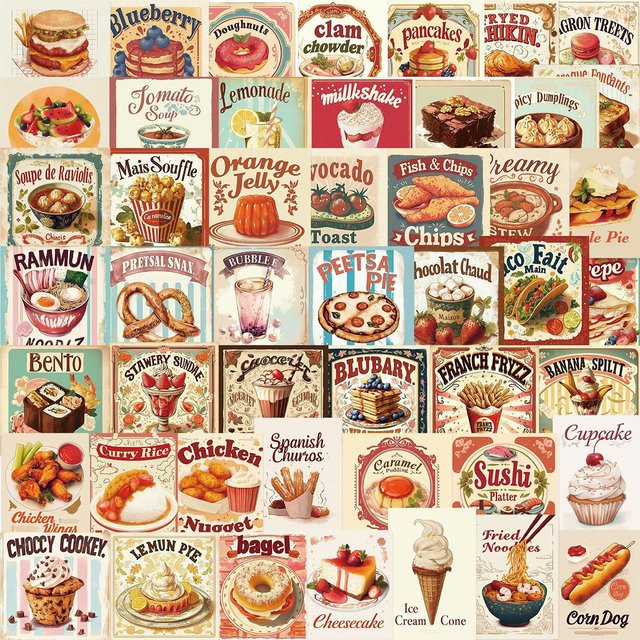 50 Cartoon Retro Food Graffiti Aufkleber in Multicolour aus Papier zur Dekoration von Gitarren, Notizbüchern, Koffern und Tagebüchern - Bild 1