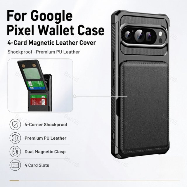 Leder-Flip-Fold-Wallet-Handyhülle für Google Pixel 11 10 9 8 7 Pro XL mit Kartenhalter und Anti-Drop-Schutz in Schwarz - Bild 1
