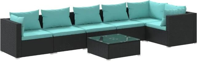 vidaXL 7-tlg. Garten-Lounge-Set in L-Form aus Poly Rattan mit Kissen in Schwarz und Blau - Bild 1