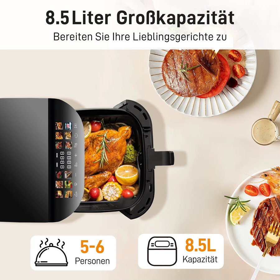 Sinaopus Smarte Heißluftfritteuse mit Sichtfenster und LED-Touch-Steuerung, Schwarz, 8,5 l - Bild 3