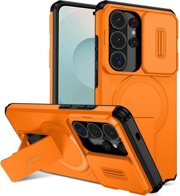 Luxus Rüstung Hülle für Samsung Galaxy S26 Ultra S25 S24 S23 Plus S24 FE A55 A56 mit magnetischem Ständer und schiebbarem Kameraschutz in Orange - Bild 1