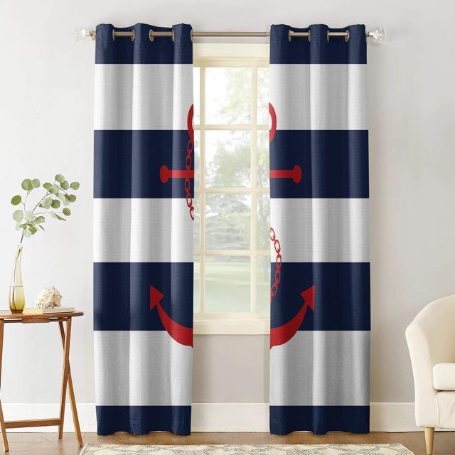 2er Set Nautische Vorhänge mit Anker-Motiv in Blau, halbtransparent, Breite: 85 cm, Höhe: 200 cm - Bild 1