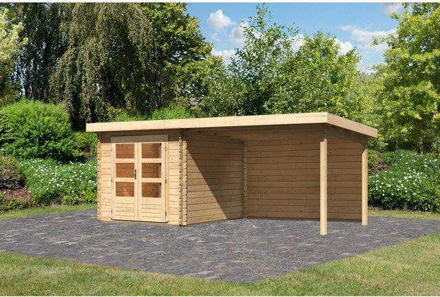 Karibu Holz-Gartenhaus Ängelholm in Natur mit Pultdach und moderner Blockbohlenbauweise, Farbe: Braun, B: 280 cm, T: 220 cm, H: 222 cm - Bild 1
