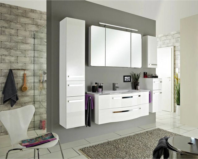 Pelipal Badmöbel-Set Serie 4005 3-teilig in Polarweiß Hochglanz mit Waschtischunterschrank, Glaswaschtisch und Spiegelschrank mit LED-Beleuchtung und Steckdose - Bild 1