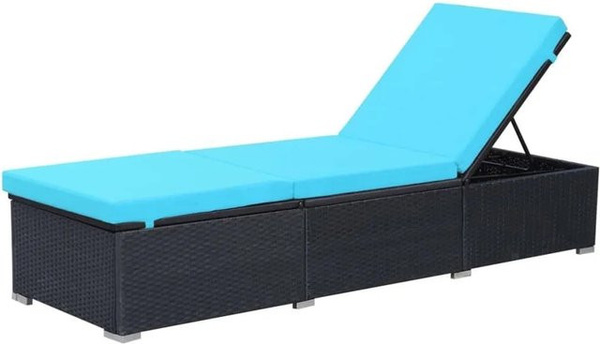 Furnicato Poly-Rattan Sonnenliege mit verstellbarer Auflage in Schwarz und Blau, B/T/H: 195 x 60 x 31 cm