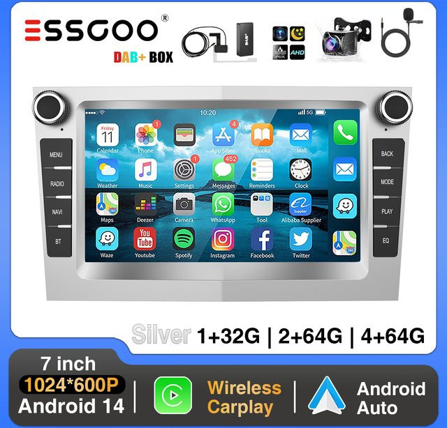 ESSGOO Android 14 Auto Stereo Radio mit CarPlay und Android Auto, 4+64GB, GPS, DAB, Silber, passend für Opel Astra G H C, Corsa C D und Vectra - Bild 1
