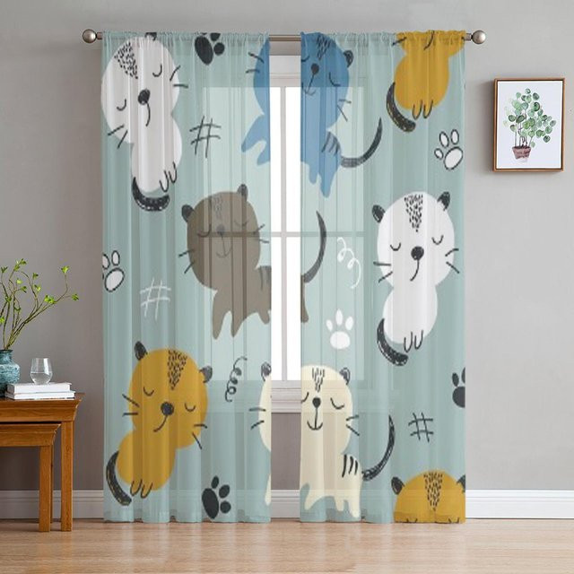 Super Six Transparente Katzen Fenstervorhänge aus Chiffon in Grau, B: 135 cm, H: 114 cm - Bild 1