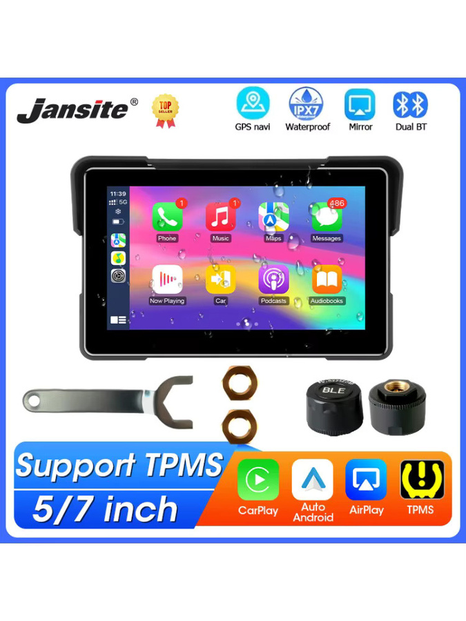 Jansite Tragbare Motorrad GPS Navigation mit Wireless CarPlay und Android Auto, 5/7 Zoll LCD Display, IPX7 Wasserdicht, Bluetooth und TPMS Unterstützung, Schwarz - Bild 6