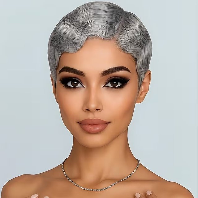 OYM HAIR Pixie-Perücke, Echthaar, Silbergrau, Damen - Bild 1