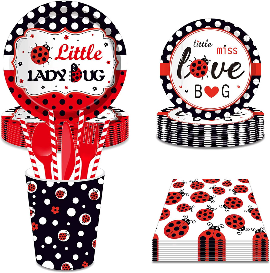 EsenTroye Party-Set Marienkäfer-Thema mit Polka-Dot-Muster in Rot und Schwarz für Kindergeburtstage und Babypartys - Bild 3